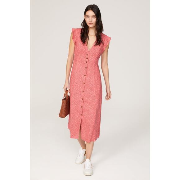 Marine Layer Coral Pink Floral Camila Midi Dress Medium - Picture 1 of 12